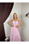 Women's Pink Maxi Dress with Square Collar, Gipeli Straps, Ruched Layered Skirt - 2