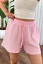 Women's Pink Muslin Textured Pocketed Elastic Waist Lace-Up Short Shorts