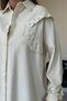 Women's Beige Shirt with Collar, Stone Accessories, Tassel Ends, Long Sleeves, Woven Shirt - 4