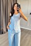 Women's Baby Blue Top and Bottom Set Sleeveless Buttoned Blouse Pants Set High Waist Wide Leg Plain Textured - 2