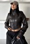 Women's Corset Detailed Stand Collar Crop Biker Leather Jacket - 5