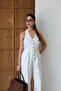 Women's Ecru Jumpsuit Halter Neck Front Buttoned Belted Pocketed Long Leg - 3