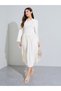 Beige Pleated Detail A-Line Midi Dress with Bolero Set - 3