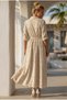 Italian Beige Shirt Collar 3/4 Sleeve Lined Belted Casual Scalloped Long Woven Dress 130 58 - 8