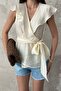 Women's Blouse Double Breasted Collar Flounce Sleeves Tie Waist Yellow - 4