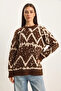 Women's Patterned Crew Neck Oversize Knitwear Brown Cream Sweater - 2
