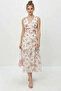 Women's V-Neck Floral Patterned Lined Chiffon Midi Pink Dress - 5