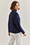 Women's Half Turtleneck Hair Knit Patterned Knitwear Navy Blue Sweater - 3