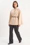 Women's Gold Button Detailed Stand Collar Belted Poncho Beige - 3