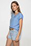 Women's Button Detailed Short Sleeve Comfortable Fit Blue Blouse - 4