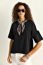 Women's Ceylan Embroidered Scarf Basic Casual T-Shirt Black - 4