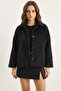 Women's Jacket with Collar and Pocket Detail, Lined, Buttoned, Black Coat