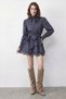 Women's Striped Patterned Padded Lace Detailed Belted Mini Indigo Dress - 4