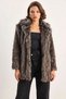 Women's Double-Breasted Collar Lined Faux Fur Araboy Black Gray Coat - 7