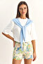 Women's Oversize Basic White Baby Blue T-Shirt with Shawl Detail - 2