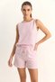 Women's Thick Strap Blouse Elastic Waist Pocket Detailed Shorts Striped Cotton White Pink Bottom Top Set - 4