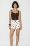 Women's High Waist Pocket Detailed Polka Dot Denim Mini Cream Brown Shorts