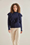 Women's Braided Openwork Knitwear Navy Blue Sweater - 3