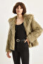 Women's Wide Collar Lined Short Faux Fur Beige Black Jacket - 2