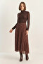 Women's Square Patterned Pleated Lined Chiffon Brown Green Skirt - 3