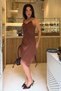 Brown Lace Detailed Asymmetrical Women's Satin Dress Mg2898 - 3