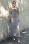 Women's Summer Gray Melange Chest Gathered Front Slit Strappy Long Dress 50322 - 2