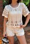 Ecru Openwork Knitted Blouse Shorts Set - 3