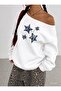 Oversize Women's Boat Neck Sweatshirt with Chained Star Print