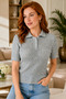 Women's Gray Polo Collar Buttoned Short Sleeve Knitted Sweater Blouse 23070 - 2