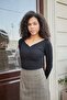 Women's Ribbed Stretchy Camisole Fabric Collar Buttoned V-Neck Long Sleeve Body Blouse-Black - 4