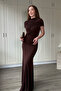 Shoulder Detailed Waist Draped Maxi Elegant Brown Dress - 8