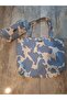 Women's Blue Patterned Beach Shoulder Bag with Makeup Bag - 3