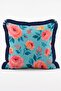 Set of 4 Fringed Throw Pillow Covers with Blue Stripes and Checkered Pattern and Pink Rose Flower Figures - 5