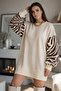 Women's Ecru Color Zebra Pattern Knitwear Sweater Tunic with Sleeve Details - 6