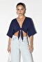 Navy Blue Front Tie-Detail Cropped Blouse Tdrss26Bz00031 - 2