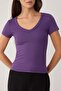 Mor Düz Fitted/Vücuda Oturan V Yaka Standart Kol Kısa Yumuşak Örme Bluz TWOSS26BZ01007 - 3