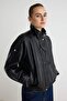 Siyah Oversize Kalıp Dik Yaka Suni Deri Bomber Ceket Mont TWOAW27MO00021 - 4