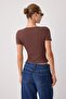 Brown Plain Fitted Halter Neck Short Soft Knitted T-Shirt Twoss26Ts00376 - 4