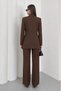 Women's Two-Piece Stylish Gold Belted Padded Shoulders Blazer Jacket Wide-Leg Pants Set - 3