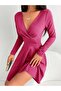 Women's Pink Double Breasted Collar Crepe Fabric Long Sleeve Flared Dress 4F-2199 - 2