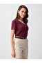 Burgundy V-Neck Short Sleeve Modal Knitted T-Shirt - 3