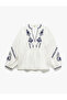 Cotton Ethnic Patterned Embroidered Mandarin Collar 3/4 Balloon Sleeve Muslin Blouse - 3