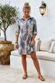 Italian Blue-Beige Shirt Collar 3/4 Sleeve Shawl Patterned Pocket Casual Linen Look Woven Dress 93 64
