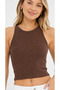 Brown Ribbed Halter Collar Knitted Crop Tank Top - 2