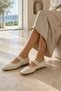 Cream Genuine Leather Square Toe Buckle Strap Detailed Women's Ballerina Shoes - 4