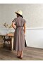 Women's Short Sleeve Belt Detailed Buttoned Tencel Fabric Dress - 6