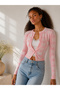 Pink White Bow Jacquard Stitch-Free Cropped Cardigan - 4