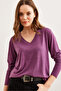 Women's Plum V-Neck Wool Viscose Drapey Blouse BLZ-19002729 - 5