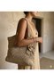 Megahan Boutique Hand-Woven Paper Rope Mesh Flower Detailed Tasseled Summer Design Cream Beach Bag - 4