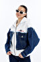 Women's Oversize Combed Cotton and Denim Garnished Jacket Zippered College Coat Printed Daily Use Denim Jacket - 5